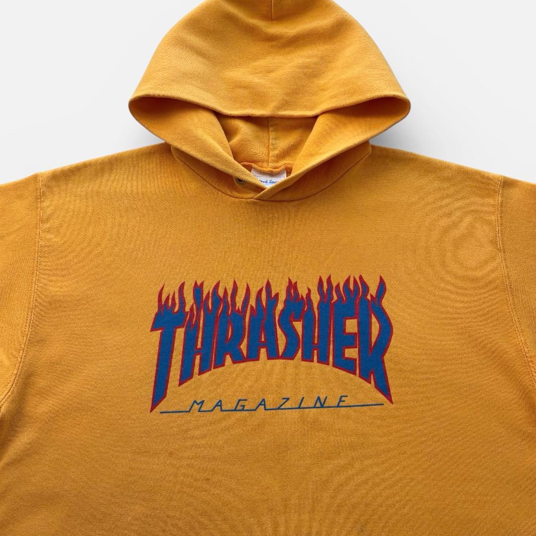 90's USA製 THRASHER フレイムロゴ スウェットパーカー イエロー