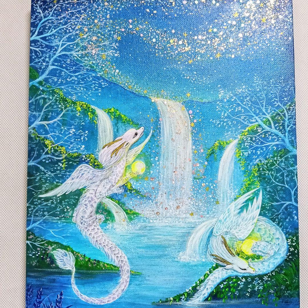 No.511 F3キャンバスアクリル画 ドラゴン　龍 開運絵画　龍の絵 星空　滝
