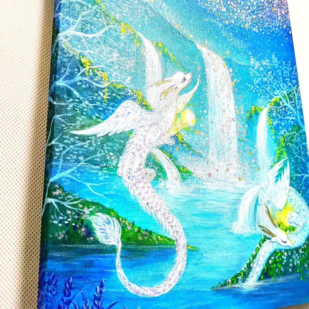 No.511 F3キャンバスアクリル画 ドラゴン　龍 開運絵画　龍の絵 星空　滝