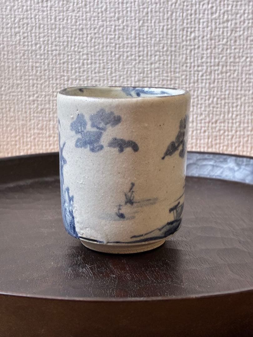 梶原靖元　染付陶胎　湯呑み　山水図