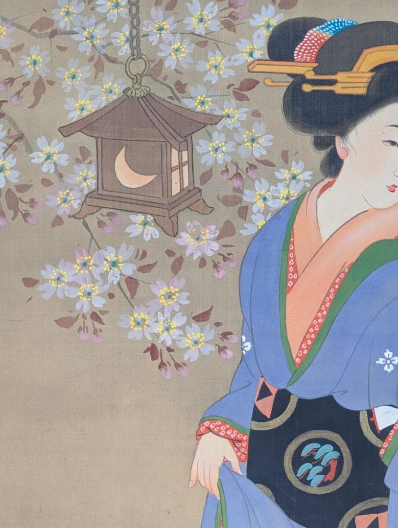 【真作】掛軸　横尾芳月　美人画掛軸　花灯りに佇む佳人図 V139