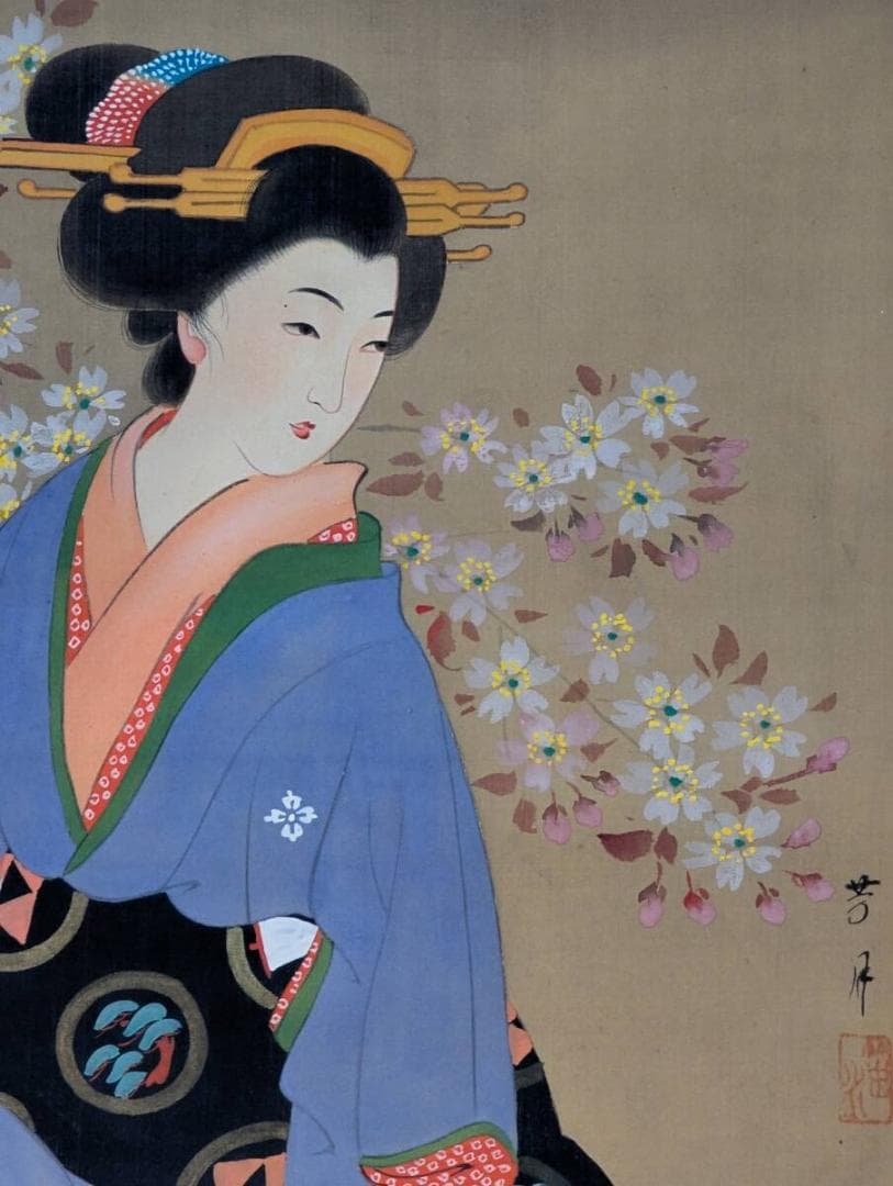 【真作】掛軸　横尾芳月　美人画掛軸　花灯りに佇む佳人図 V139