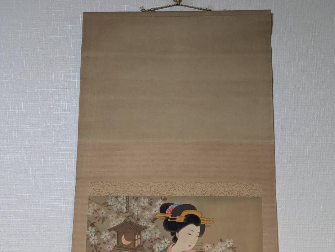 【真作】掛軸　横尾芳月　美人画掛軸　花灯りに佇む佳人図 V139