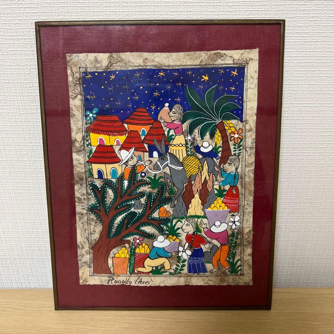 メキシコ アマテ絵画 木の皮 フレーム付き