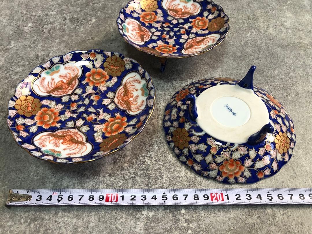 有田焼　幸楽窯　足付き　盛皿　アンティーク 花柄　金彩　陶器浅皿　3枚　セット