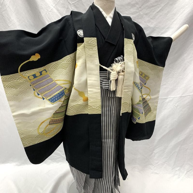 504ab14■七五三 五歳 着物&羽織&袴&角帯 五つ紋 兜■状態良好