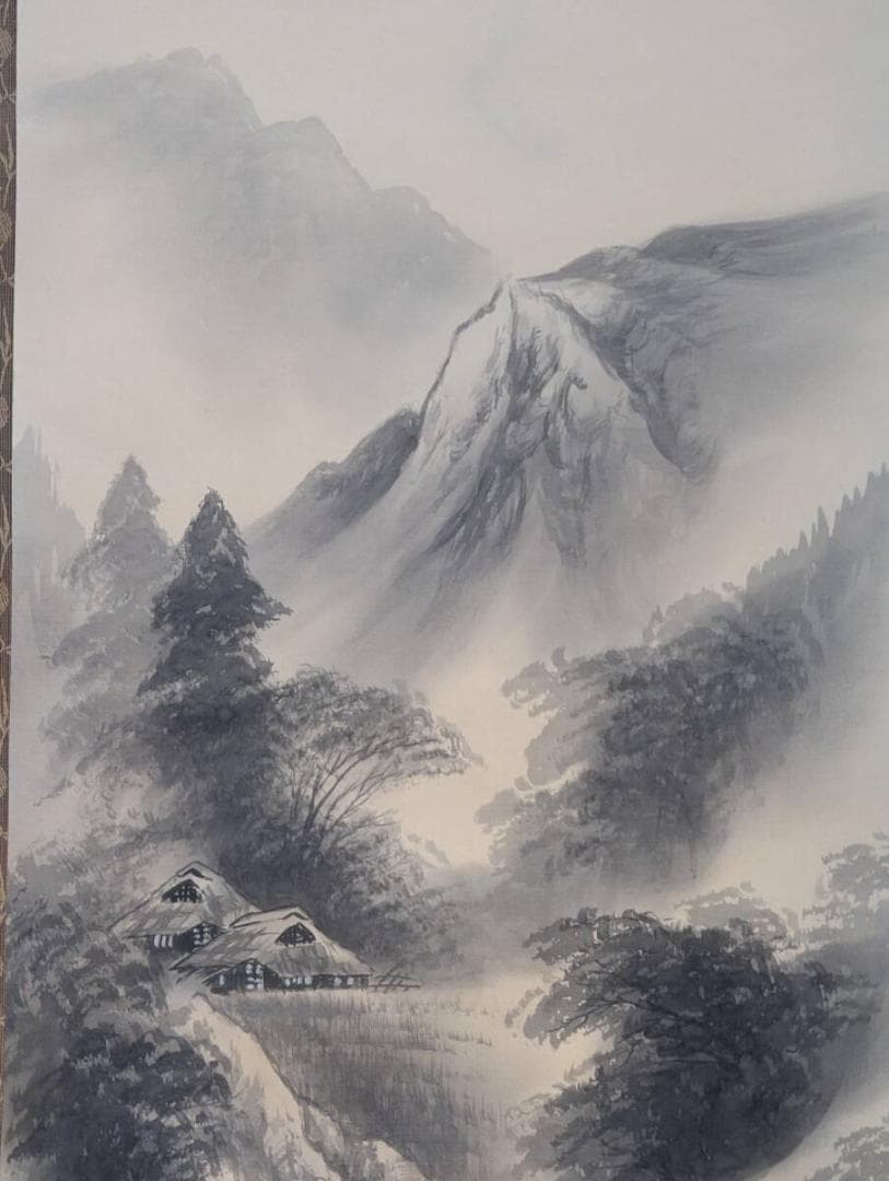 【真作】掛軸　阪口静道　水墨山水　山峡の古家と旅人　共箱入　V126
