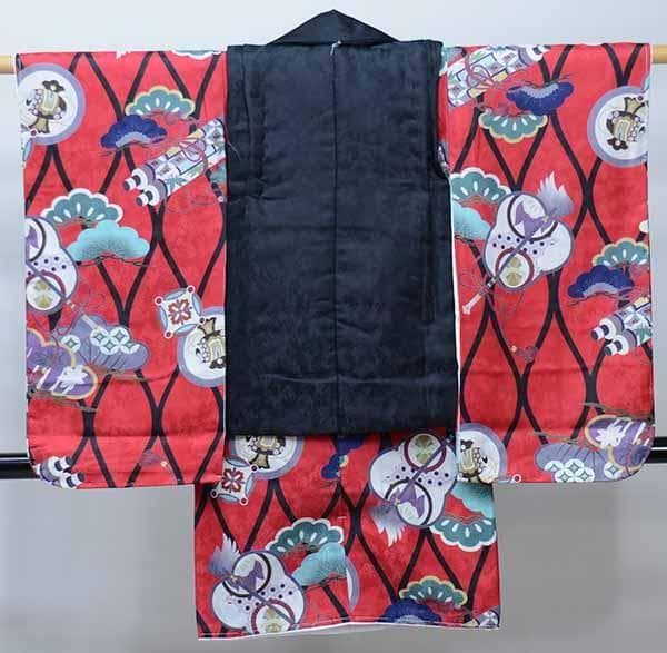 七五三 三歳 男児 被布着物セット 赤色×黒 松竹梅 軍配 祝着 NO40991