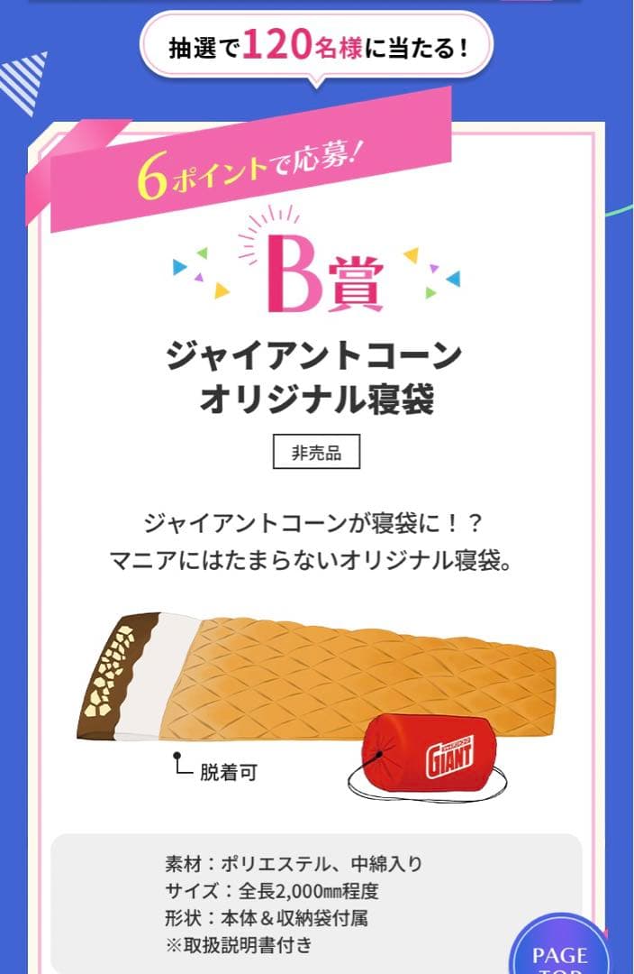 グリコジャイアントコーンオリジナル寝袋 120名限定 非売品 新品完全未開封品