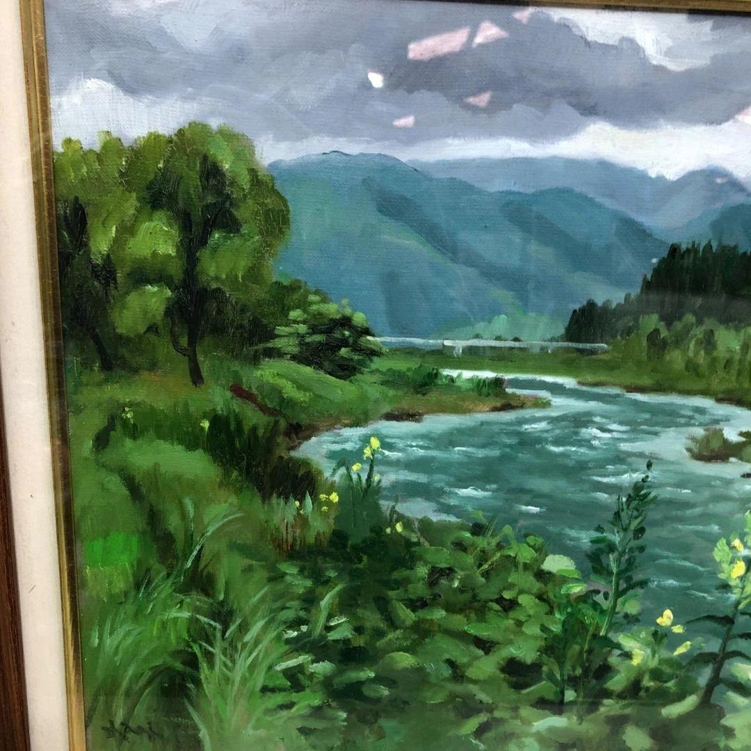 萩駿 油彩 風景画 渓流 柳瀬川 栃木 日本風景 昭和 絵画 260207-1