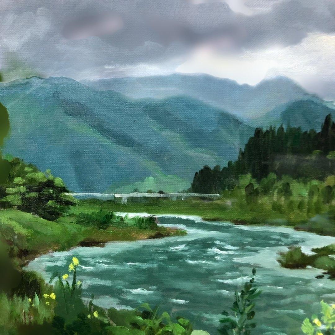 萩駿 油彩 風景画 渓流 柳瀬川 栃木 日本風景 昭和 絵画 260207-1