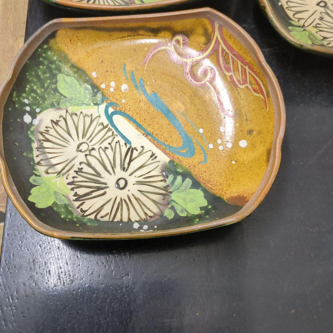 骨董　向付　水流に菊　角皿　色絵　皿　陶器　アンティーク　5枚