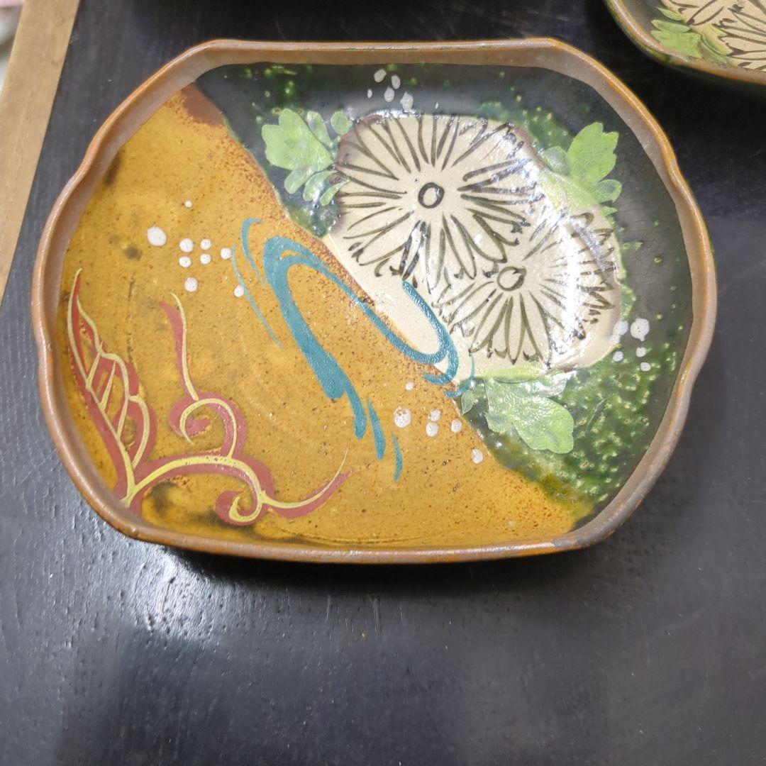 骨董　向付　水流に菊　角皿　色絵　皿　陶器　アンティーク　5枚