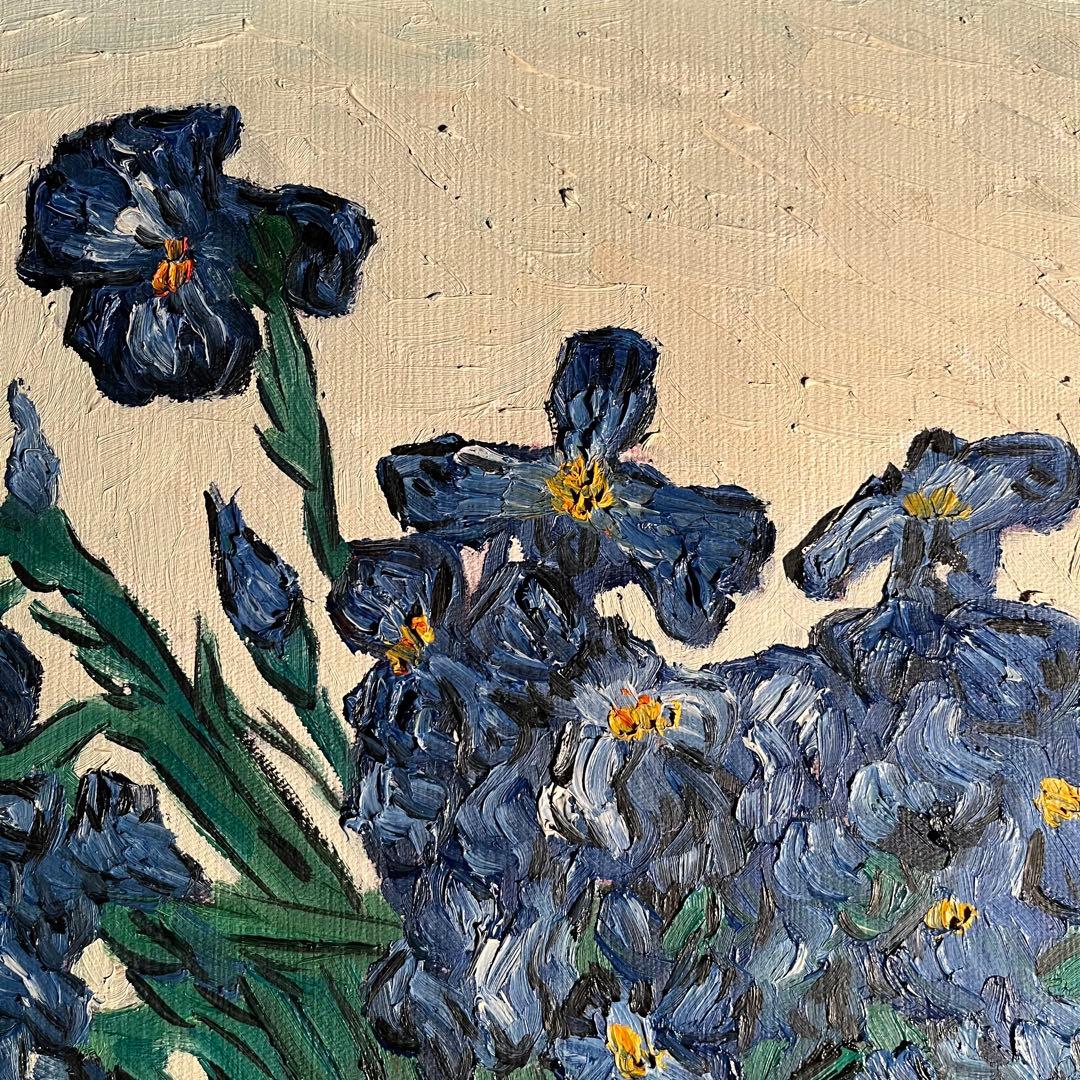 ★秀作★手書き油絵 ゴッホ 花瓶のアイリス 肉筆絵画 額付き インテリア 油彩画