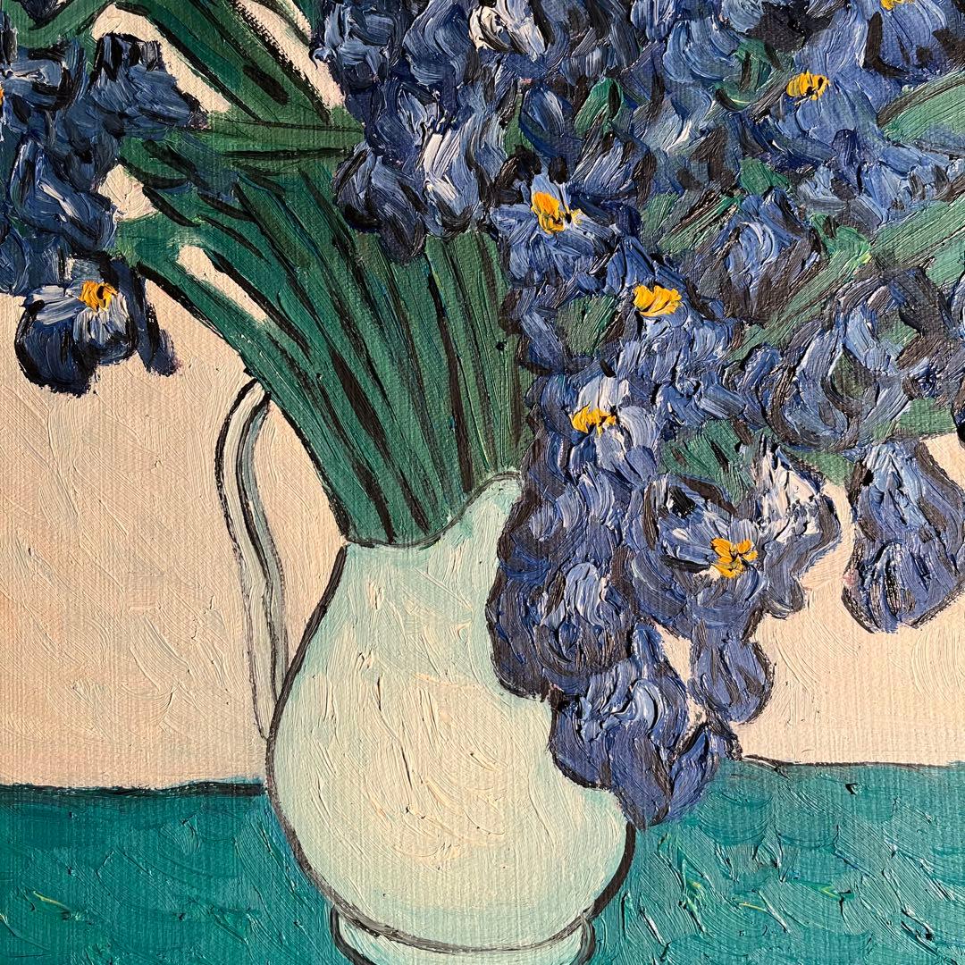 ★秀作★手書き油絵 ゴッホ 花瓶のアイリス 肉筆絵画 額付き インテリア 油彩画