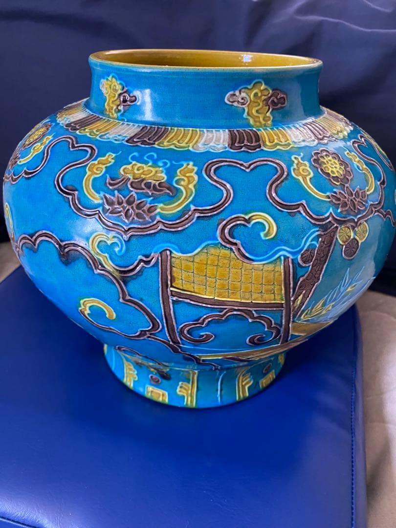 中国明代珐華彩携琴訪友紋大缶サイズ高さ約25cm径30×口16cm