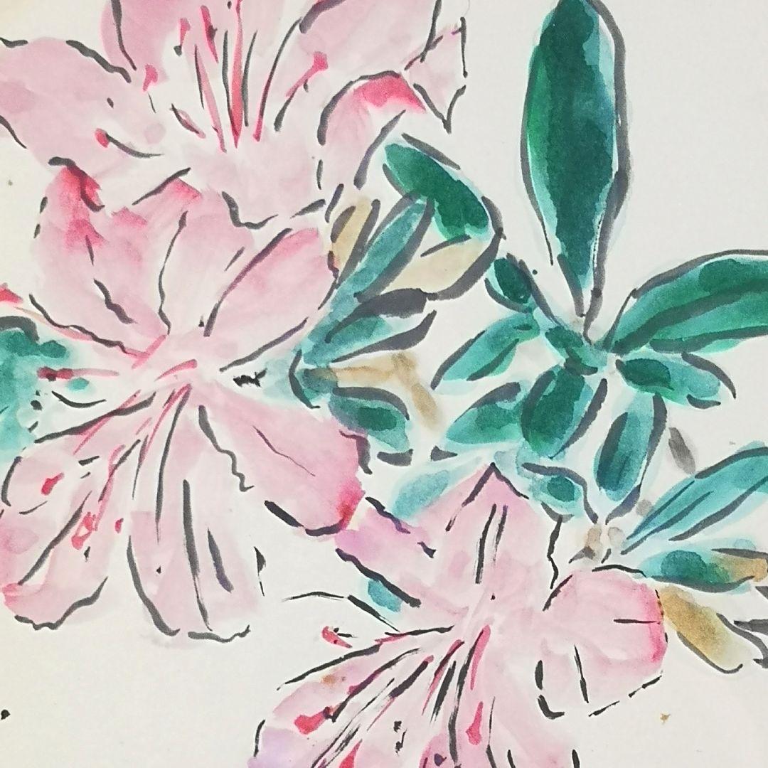 川島理一郎 「シャクナゲ」 水彩 色紙絵 従軍画家・日本芸術院会員・栃木県出身