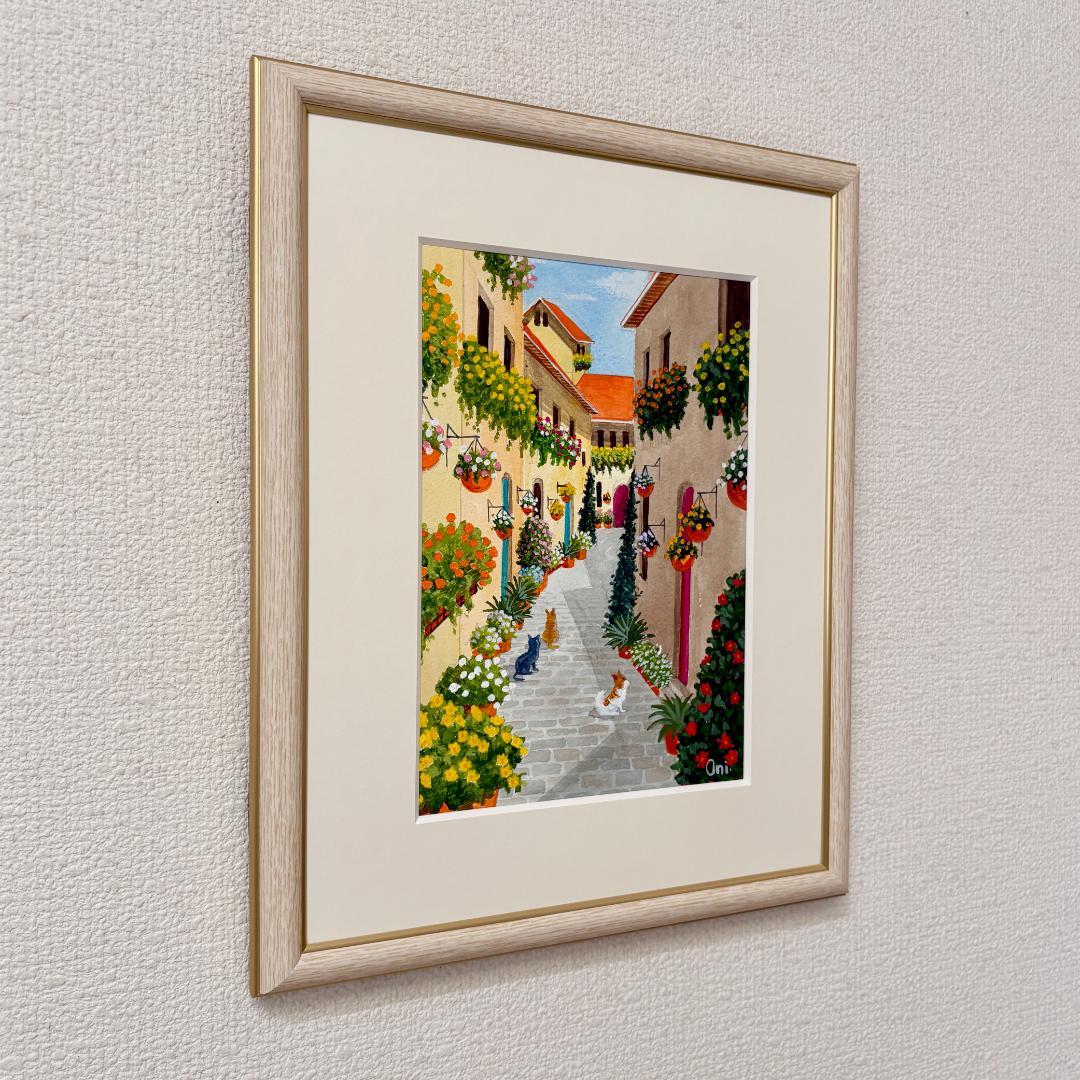 アクリル画　原画　「花の咲く路地11」額縁付　SMサイズ　風景画