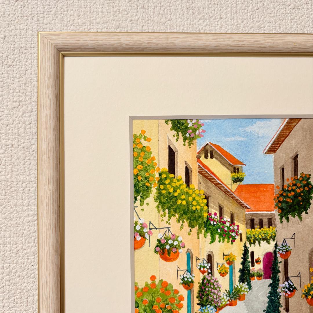 アクリル画　原画　「花の咲く路地11」額縁付　SMサイズ　風景画