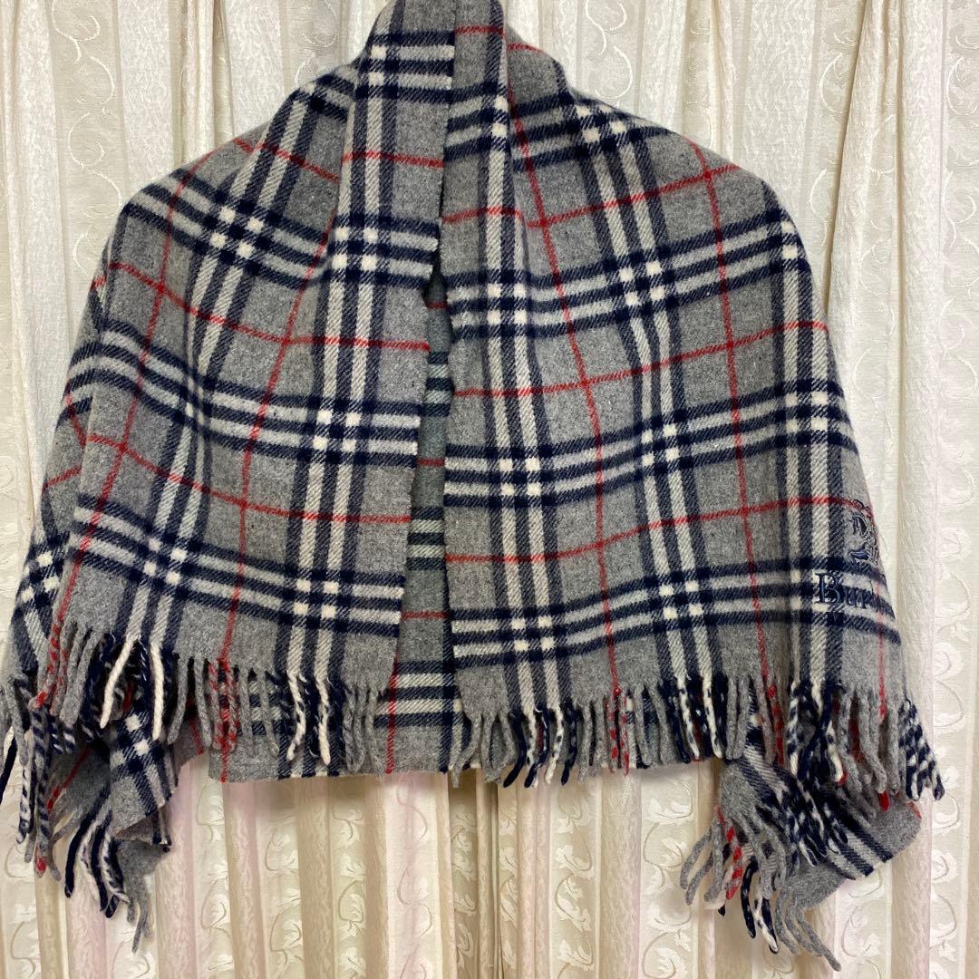 美品　バーバリーBurberrys　ウールひざ掛け　ブランケット　グレーチェック