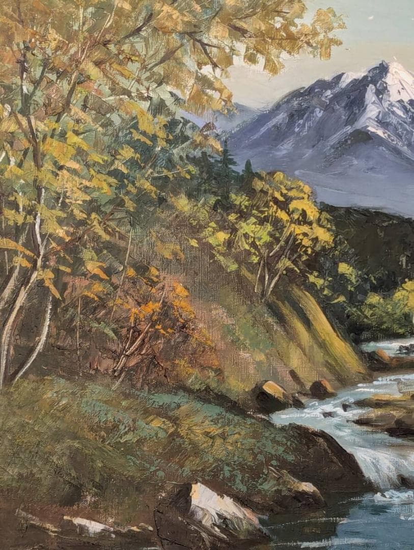 【真作】絵画　油彩10号　清流と残雪の峰　自然の息吹を描いた油彩風景画　Z180