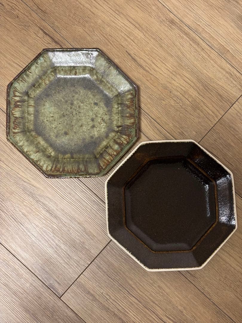 大沼道行 八角皿 Lサイズ 緑釉 黒釉 織部　　陶芸 ワンプレート 作家さん