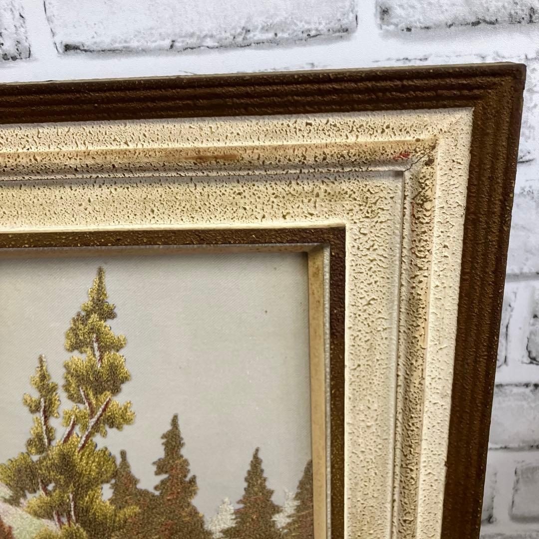 【希少】風景画 刺繍アート 額装品 アルプス 山小屋 川辺