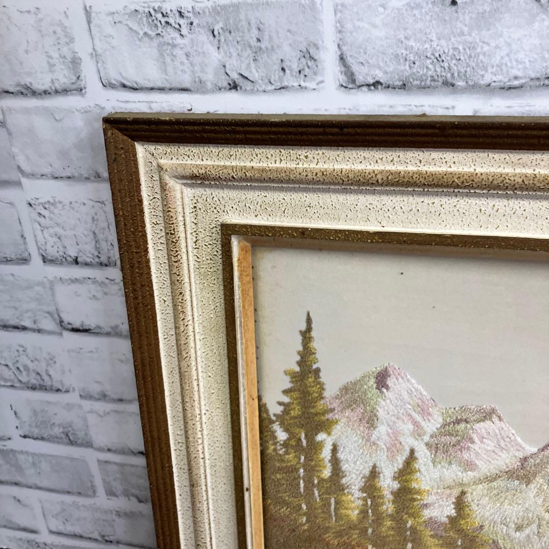 【希少】風景画 刺繍アート 額装品 アルプス 山小屋 川辺