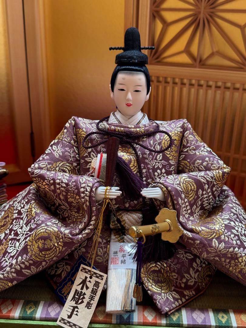 【新品同様】伝統工芸士望月龍翠作 親王飾り雛人形 書院障子屏風木製台座 正絹衣装