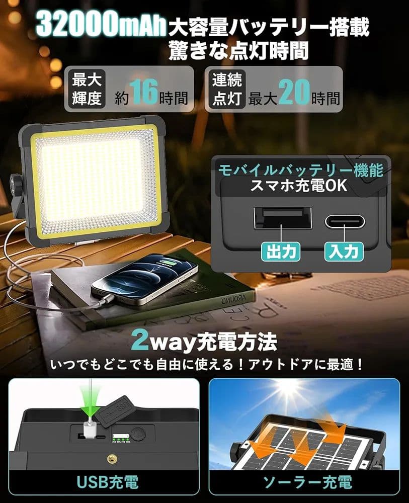 投光器 充電式 LED 40000lm 作業灯 400W 32000mAh 防水