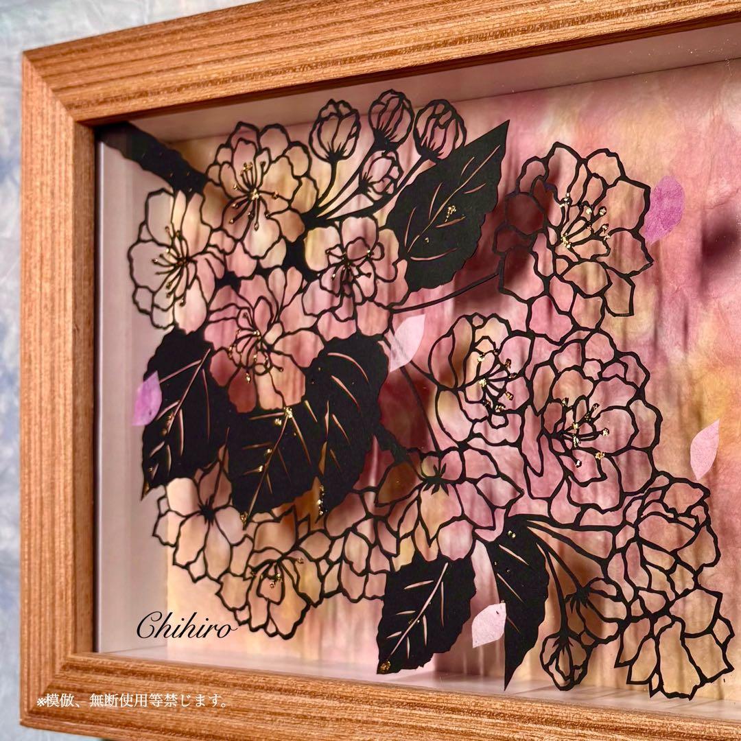 絵画 春 桜 切り絵 八重桜 花の絵 ボタニカルアート 美術品 原画 立体アート