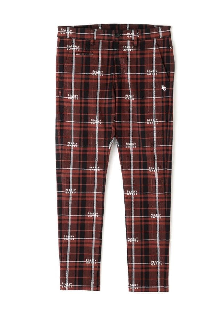 新品 パーリーゲイツ コットンストレッチカルゼチェックパンツ(5)サイズL/茶