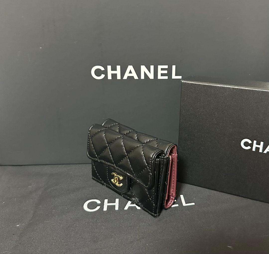 CHANEL キルティングラムスキンコンパクトウオレット 財布 ブラック新品