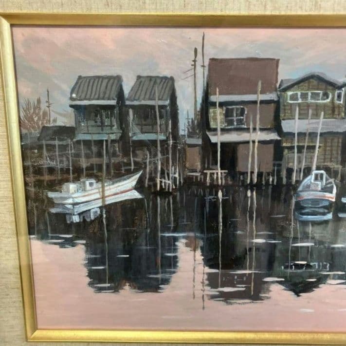 油絵 舟のある風景 港の風景 油彩画 額縁付