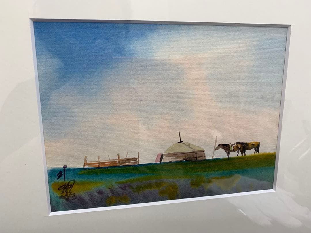 作家 T.モンゴル 水彩画 遊牧民 紙寸21×15cm　画寸18×13cm
