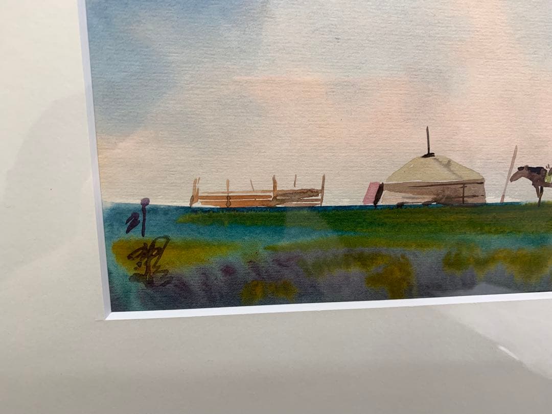 作家 T.モンゴル 水彩画 遊牧民 紙寸21×15cm　画寸18×13cm