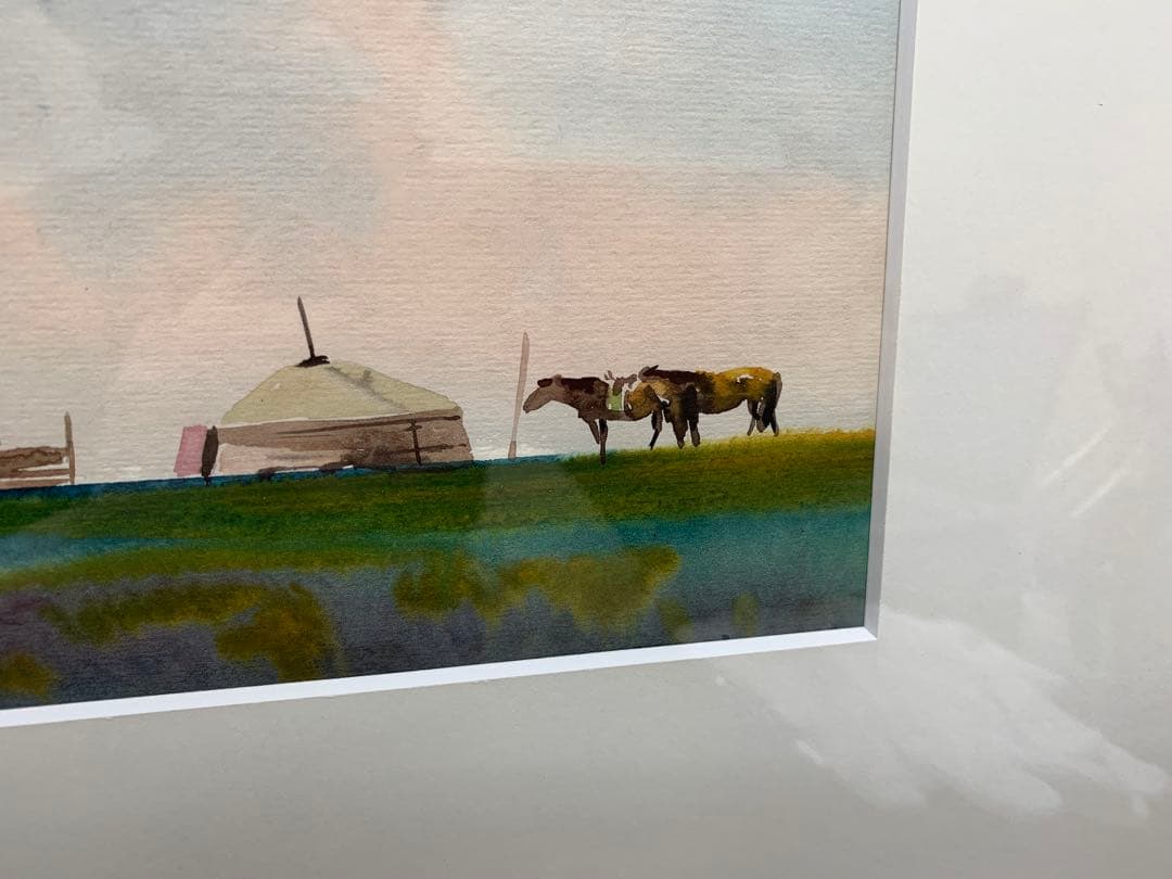 作家 T.モンゴル 水彩画 遊牧民 紙寸21×15cm　画寸18×13cm