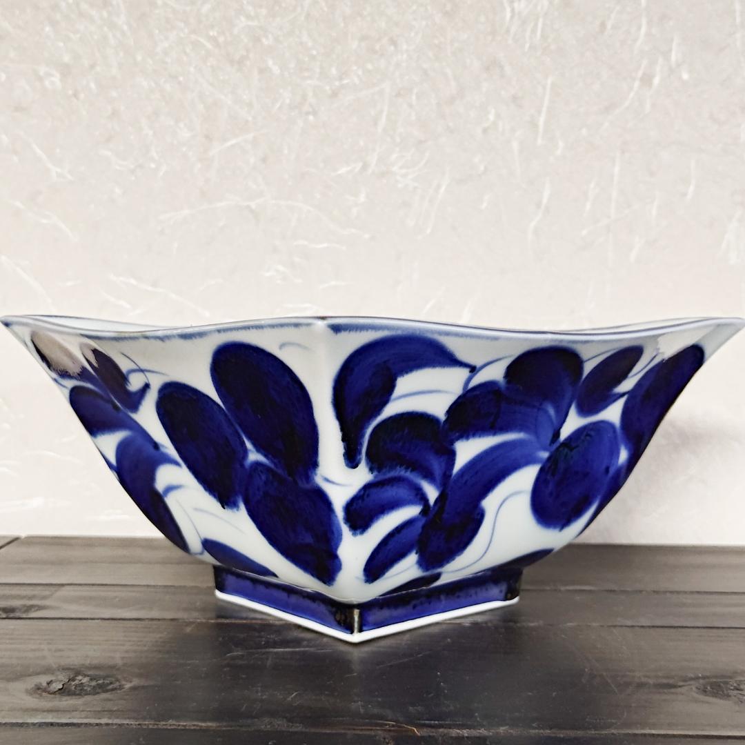 値下げ【新品・未使用】有田焼　古染草花角大鉢　盛鉢