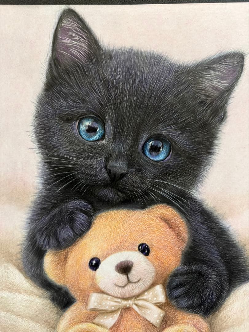 色鉛筆画A4 青い目の黒猫