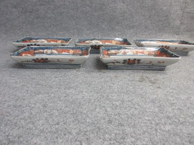 古伊万里富貴長春金彩染錦長皿5枚 [B26477]