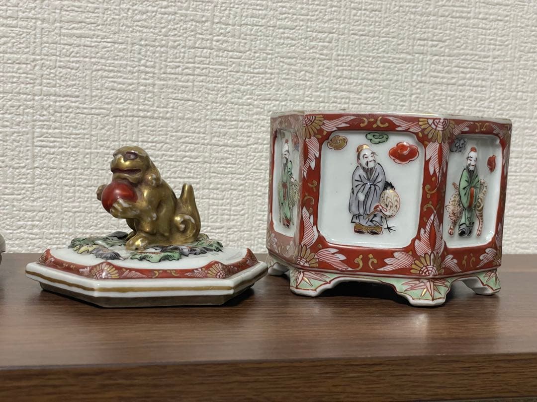 時代物 九谷焼 赤絵金彩 六面香炉 獅子火屋 賢人聖獣図 古美術
