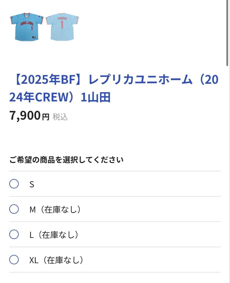 【完売品/美品】ヤクルトスワローズ 山田哲人 クルーユニフォーム 2024 L