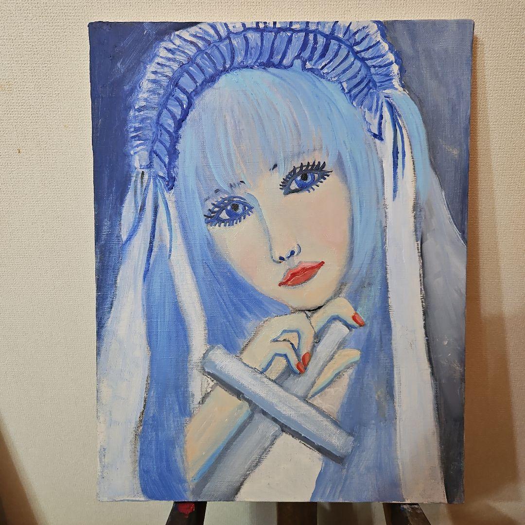 女性の油絵　青系