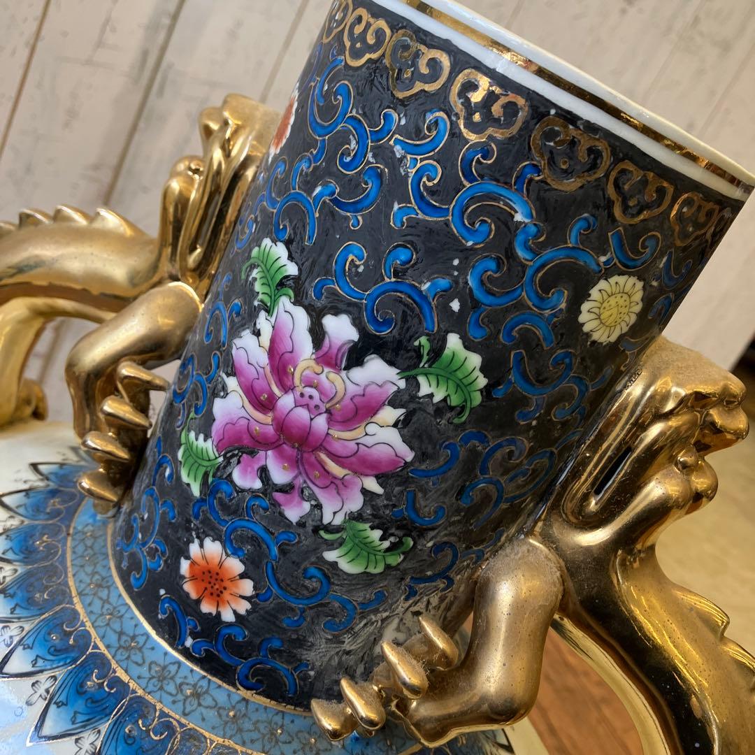 中国古美術 陶器製 金彩 孔雀 花柄 龍持ち手 大型 花瓶 ボトル型 花器