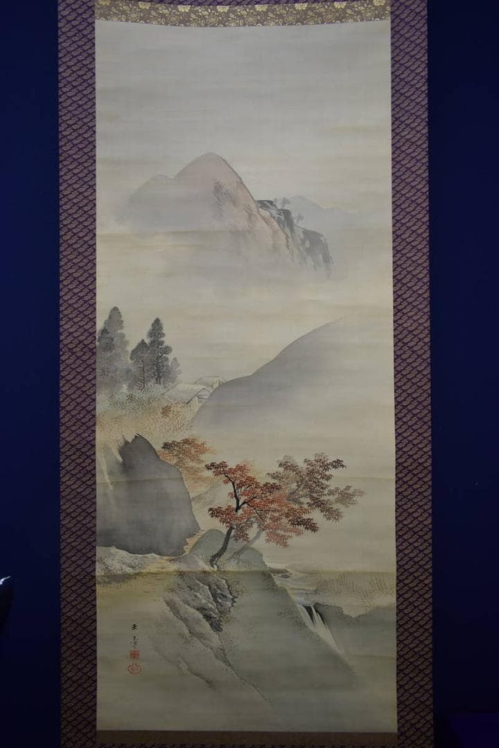真作/川端玉章/紅葉山村図/布袋屋掛軸HG-98