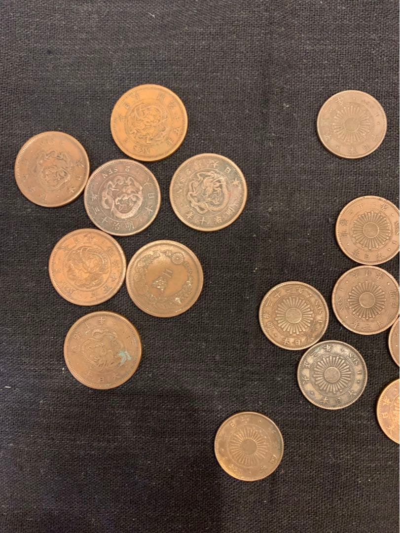 近代貨幣　2銭銅貨　竜1銭銅貨　稲1銭青銅貨　桐1銭青銅貨　カラス1銭青銅貨