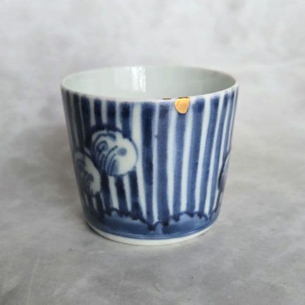 古伊万里　染付　猪口　向付　縞　雪輪　酒器　江戸時代　骨董　金継ぎ