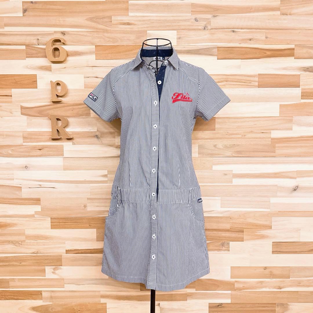 美品【フィラゴルフ】ゴルフ ストライプ 半袖 ポロシャツ ワンピース M 紺×白