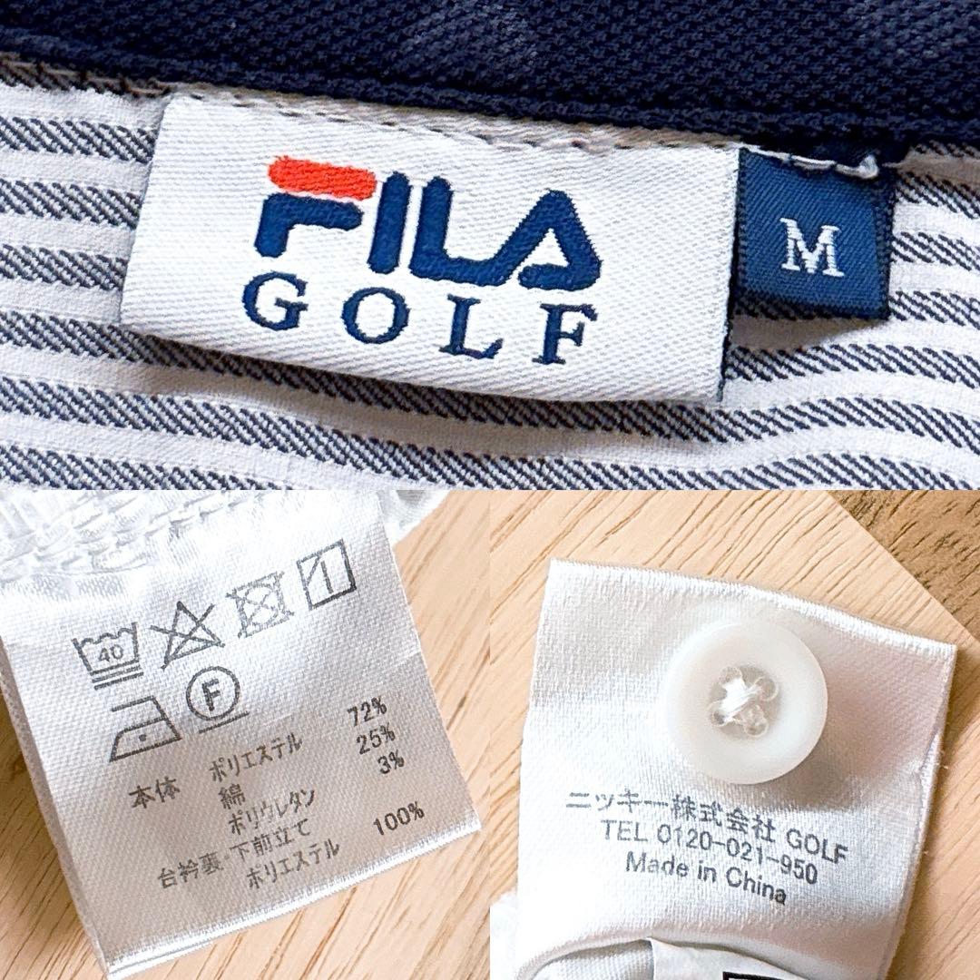 美品【フィラゴルフ】ゴルフ ストライプ 半袖 ポロシャツ ワンピース M 紺×白