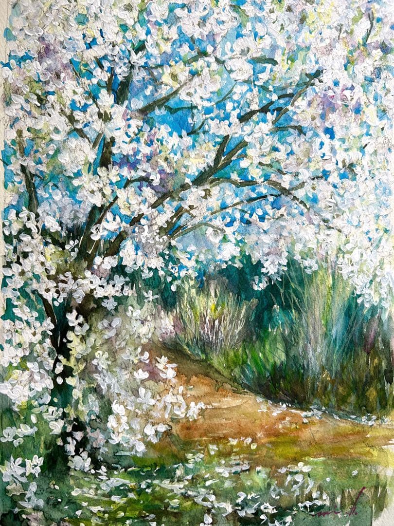 マグノリアの木　水彩画　ホワイト額入り